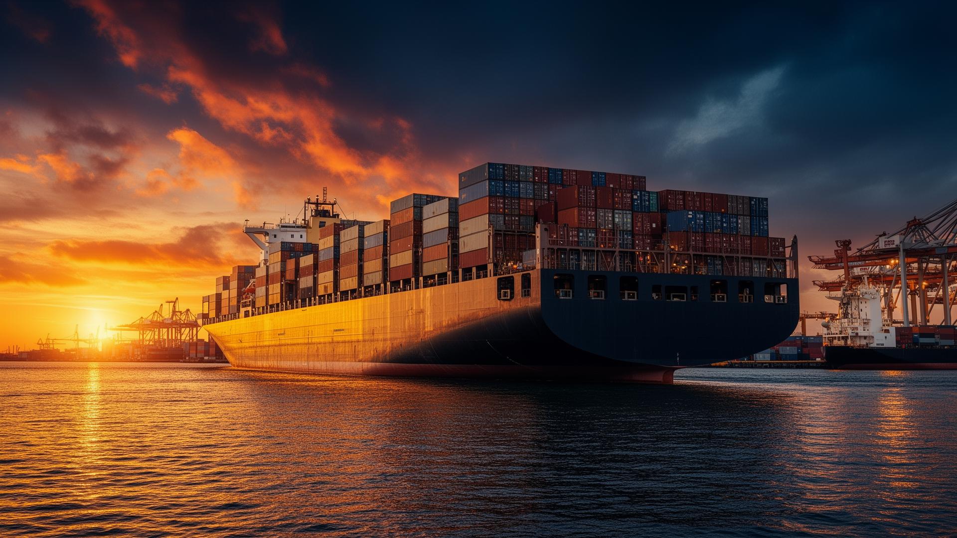 Cargo ship at sunset